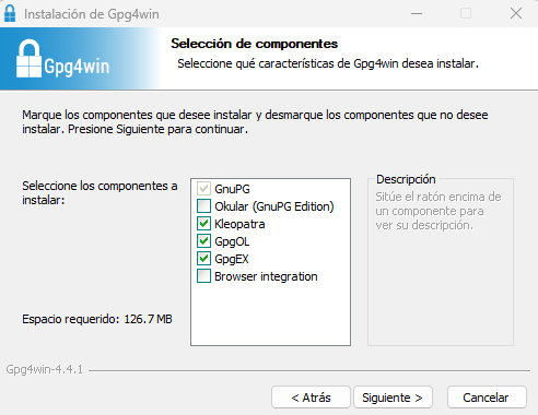 Pantalla de instalación de Gpg4win