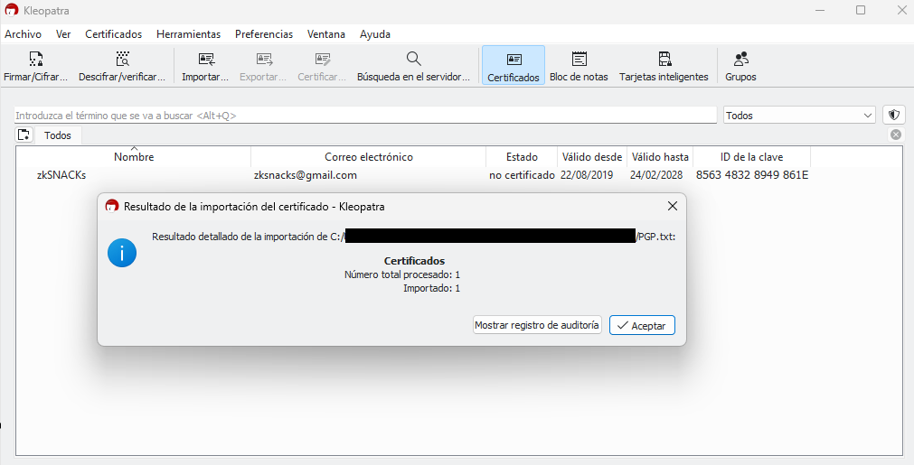 Kleopatra con la clave pública del desarrollador de Wasabi Wallet