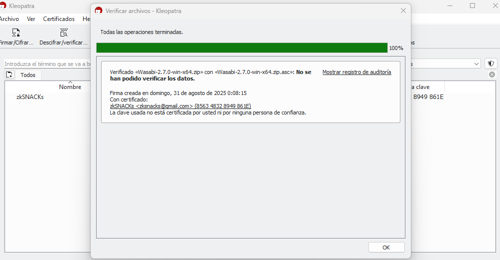 Ejemplo de verificación de firmas con el software con Kleopatra