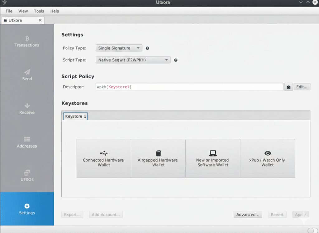 Configuración de una wallet en Sparrow